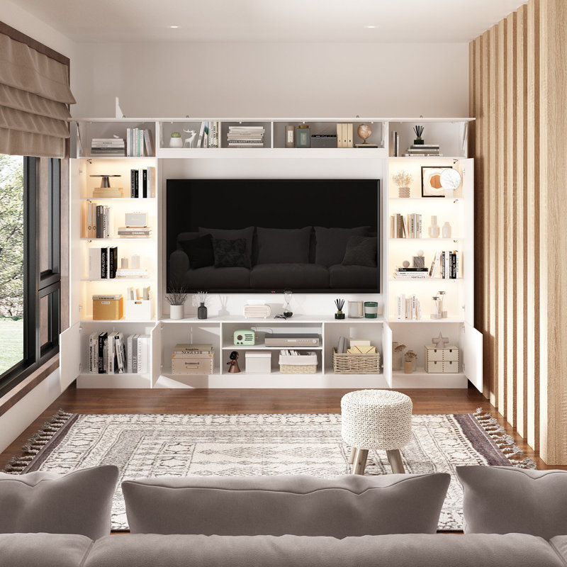 114.2 W Entertainment Center With LED Lights Bookcases Open Shelves Black